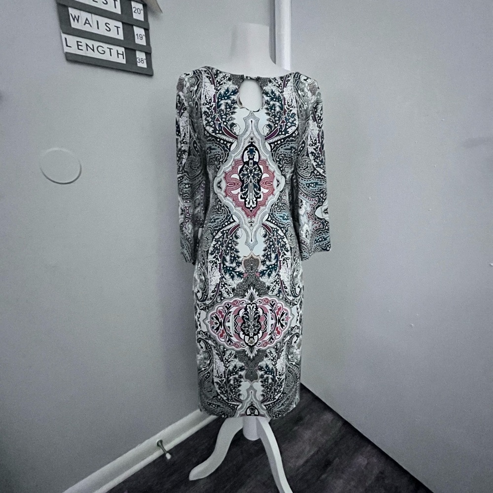 Chico's Teal, Burgandy and White Sheath Dress with Bell Sleeves - Picture 6 of 11
